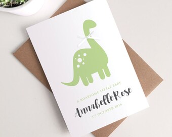 Personalised Gender Neutral New Baby Card - Cute Dinosaur Roarsome Green Ribbon Greetings Card
