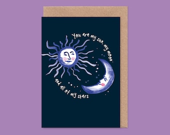 Soleil, lune, étoiles Saint-Valentin / carte d'anniversaire - Je t'aime, céleste, la lune et le dos, tarot, ciel nocturne, mari, petit ami, petite amie