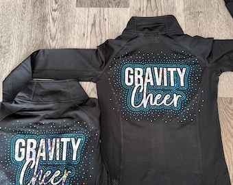 CUSTOM Rhinestone warm up jacket, Cheer warm ups, Cheer, Cheerleader, In my cheerleader era, Warm ups, Rhinestones, Pin Me Ribbon, Hit Zero