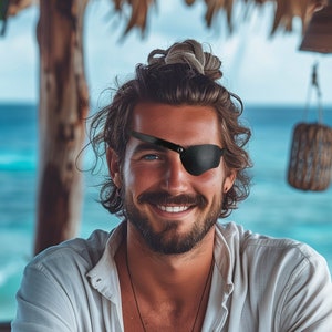 May include: A man with a black eye patch is sitting at a table with a laptop computer. He is wearing a white shirt and has a beard. The background is a tropical beach.