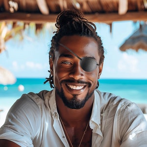 Peut inclure: Un homme avec un cache-œil noir et une chemise blanche sourit à la caméra. Il porte un collier en or et a une barbe foncée.