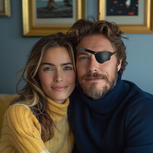 May include: A couple posing for a portrait. The woman is wearing a yellow sweater and the man is wearing a dark blue turtleneck sweater and an eye patch.