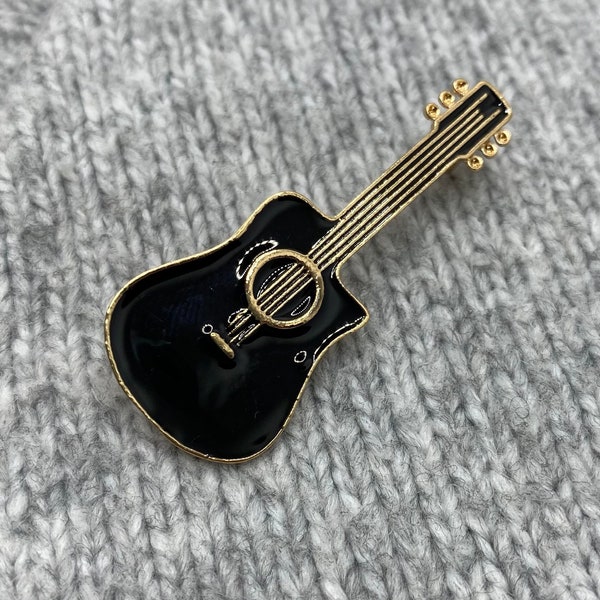 Broche guitare - 4,5 x 2 cm - épingle en émail noir et doré notes de concert de musique country rock