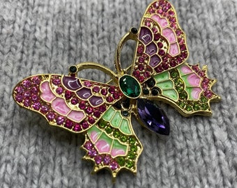 Funkelnde Schmetterlings Brosche mit Glitzersteinen - goldener Anstecker in pink & grün - 3,3 x 5 cm - Vintage Insekt Sommer Liebe Blumen