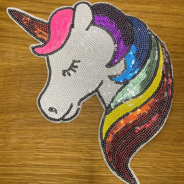 Einhornkopf mit bunter Glitzer Pailetten Mähne- als Patch zum Aufbügeln - 26 x 16cm - Kinder Einschulung Aufnäher Bügelbild Flicken