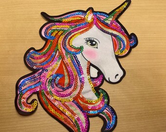 Tête de licorne comique avec crinière à paillettes colorées - comme écusson à coudre - 20,5 x 13 cm - écusson thermocollant pour la inscription scolaire des enfants