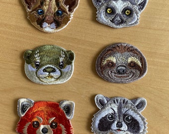 Cute wild animal faces as iron-on patches to choose from - Red Panda Otter Mountain Lion Sloth Lemur - Jungle Outdoors Patch