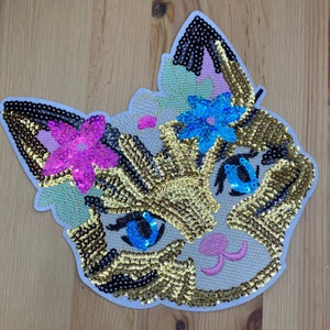 Cute kitten head glitter sequin patch for sewing - 22 x 19 cm - cat holo flowers children's school enrollment patch iron-on patch