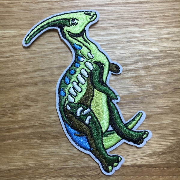 Grüner Parasaurolophus - Dinosaurier Patch 9,5cm x 5cm zum Aufbügeln -  Dino Aufnäher