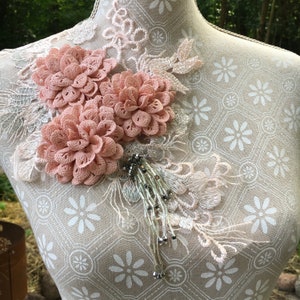 Romantic Lace Application for Sewing - Floral Pink Lace with Silver Glitter Beads - Roses Wedding Party Vintage - DIY # 24