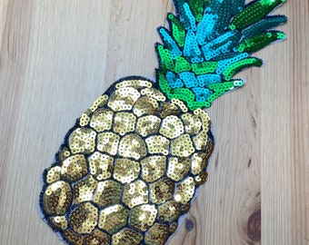 Ananas Patch mit Pailetten gold & grün- als Patch zum Aufnähen - 29 x 12cm - Tropisch Urlaub Obst Frucht Sommer Sonne Strand Palmen