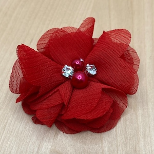 Fiori di stoffa rossi in chiffon con perle e glitter - circa 5 cm - applicazione floreale riciclo fai da te cucito fiori da giardino #4 colore 19