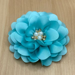 Elegante fiore grande in tessuto blu petrolio chiaro con glitter e perline da cucire su Seafoam circa 8,5 cm applicazione patch floreale riciclo fai da te #7