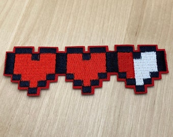 3 red video game life hearts as iron-on patch - approx. 10.5 x 3.5 cm - Nerd Gamer Mario Zelda Retro Minecraft Playstation Nintendo