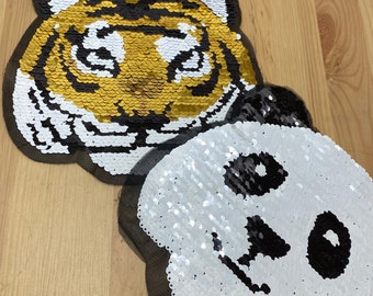 Wechsel Pailletten Panda & Tiger als Patch zum Aufnähen - 20 x 20cm - Wilde Tiere Glitzer Kinder Einschulung Zoo Aufnäher Dschungel