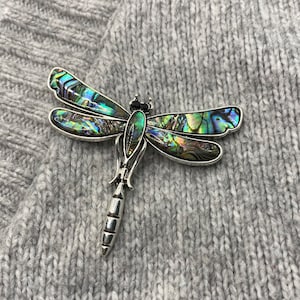 Libellen Brosche mit glitzernder Abalone Muschel 5x 6 cm Perlmutt Vintage Anhänger Insekt Liebe Blumen Schmetterling Motte Ozean Meer Bild 2