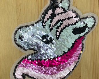 Wechsel Pailletten Einhorn pink & blaue Mähne- als Patch zum Aufnähen - 22 x 15,5cm - Glitzer Kinder Einschulung Aufnäher Bügelbild Flicken