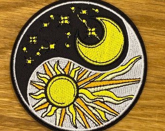 Rundes Sonne und Mond Ying & Yang Patch 7,5cm Durchmesser zum Aufbügeln Ethno Hippie Wanderlust Backpacking Spirituell