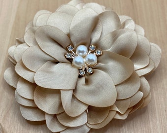 Elegant beige cream-gold large fabric flower with glitter & beads to sew on - approx. 8.5 cm - Floral Patch Application DIY Upcycling #7