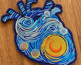 Starry Night Inspired Anatomical Heart Patch with Moon - approx. 12 x 9 cm - Art - Night - Stars - Backpacking Journey Gogh Love