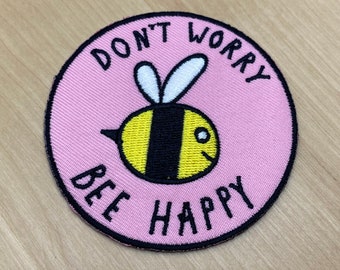 Rundes rosa "Dont worry bee happy" Patch mit Biene 7,5cm Durchmesser zum Aufbügeln Käfer Insekt Schmetterling Bügelbild Aufnäher Upcycling