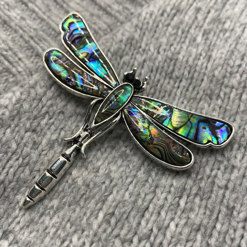 Broche libellule avec coquille d'ormeau scintillante 5x6 cm pendentif vintage en nacre insecte amour fleurs papillon papillon océan mer image 1