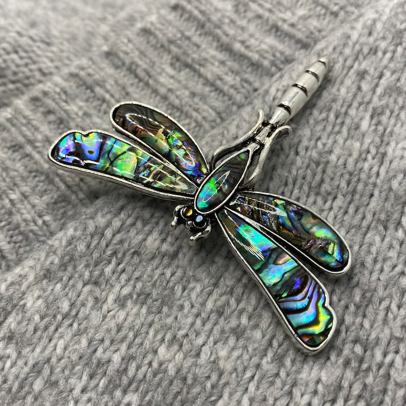 Dragonfly brooch with glittering abalone shell 5x 6 cm mother of pearl vintage pendant insect love flowers butterfly moth ocean sea image 5