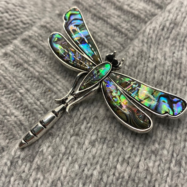 Dragonfly brooch with glittering abalone shell 5x 6 cm mother of pearl vintage pendant insect love flowers butterfly moth ocean sea image 7