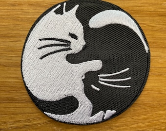 Ying & Yang Cat Noir Blanc Patch Rond pour le Repassage 7.5cm - Symbole Chine Taoïsme Lotus Faith Pet Patch Patch Patch