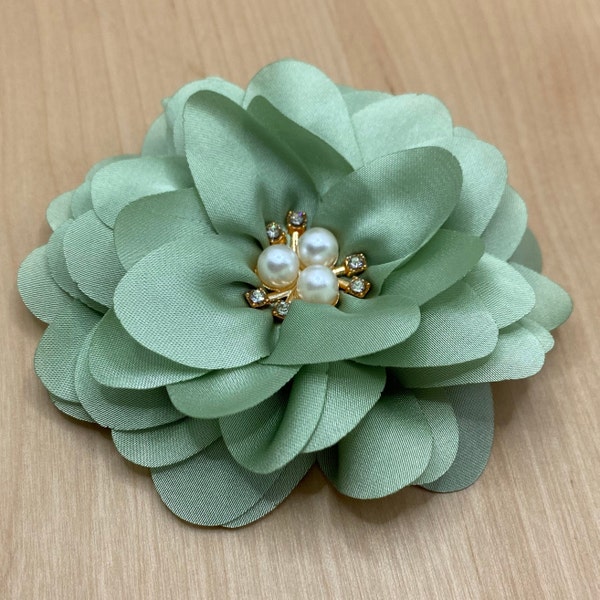 Elegante hellgrüne große Stoff Blüte mit Glitzer & Perlen zum Aufnähen - ca. 8,5 cm - Minze Euka Floral Patch Applikation DIY Upcycling #7