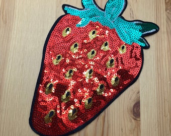 Großer Erdbeeren Patch mit Pailetten rot & grün- als Patch zum Aufnähen - 28 x 16cm - Tropisch Urlaub Obst Frucht Sommer Cottagecore Garten