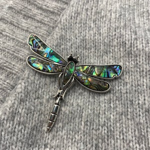 Broche libellule avec coquille d'ormeau scintillante 5x6 cm pendentif vintage en nacre insecte amour fleurs papillon papillon océan mer image 3