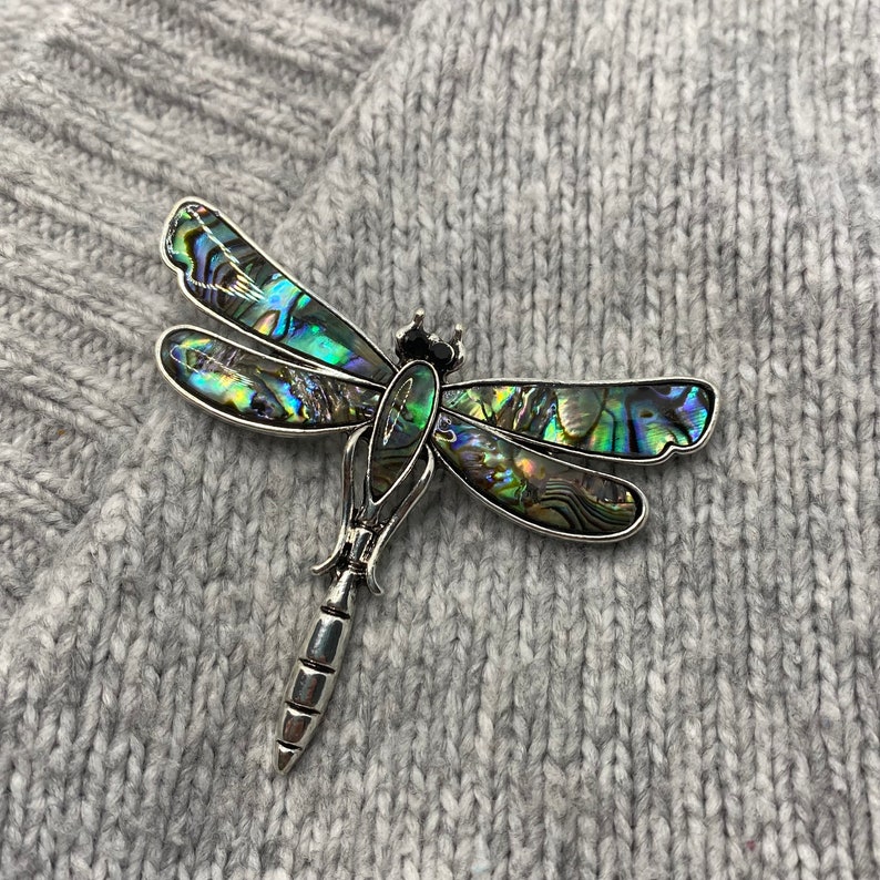 Dragonfly brooch with glittering abalone shell 5x 6 cm mother of pearl vintage pendant insect love flowers butterfly moth ocean sea image 3