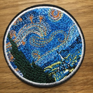round starry night patch with church -diameter approx. 7 cm - art - night - stars - backpacking trip