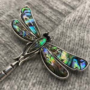 Broche libellule avec coquille d'ormeau scintillante 5x6 cm pendentif vintage en nacre insecte amour fleurs papillon papillon océan mer image 6