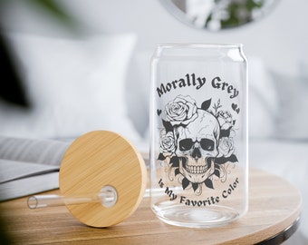 16oz Morally Grey Is My Favorite Color Can-Shaped Sipper Glass with Bamboo Lid & Straw, Bibliophile Bookworm Fantasy Spicy Romance Romantasy