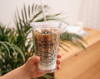 Witchy Bookshop & Café Acrylic Tumbler With Lid and Straw: Bookish Salem Wiccan Gothic Halloween