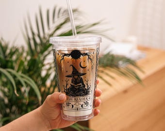 The Reader Tarot Card Acrylic Tumbler With Lid & Straw: Bookish Witchy Gothic Gifts