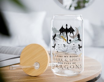 16oz Bookish Dragons Dark Fantasy Can-Shaped Sipper Glass with Bamboo Lid & Straw, Iced Coffee Tumbler Dragon Rider Riding War Spicy Romance