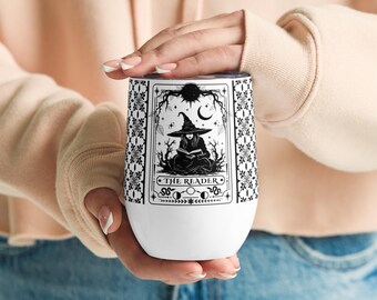 The Reader Tarot Card Insulated Wine Tumbler: Bookish Witchy Halloween Gothic Gifts