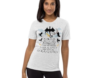 Bookish Dragons Dark Fantasy Unisex Short Sleeve T-Shirt, Dragon Rider Riding War Spicy Spice Smut Romance Romantasy Bibliophile Bookworm