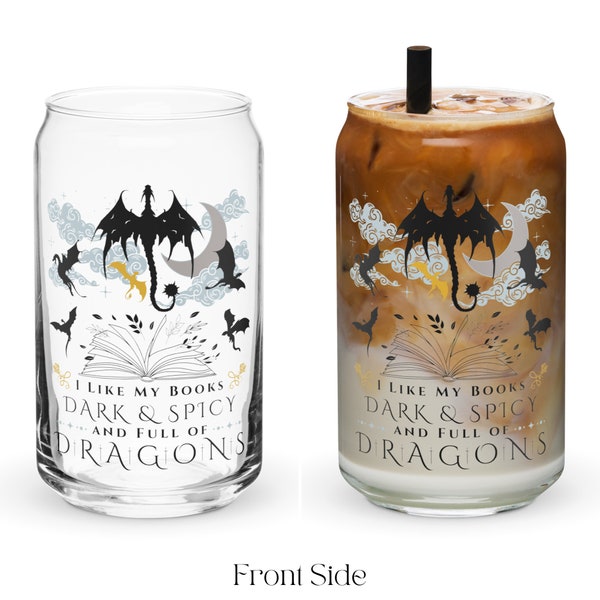 16oz Bookish Dragons Dark Fantasy Can-Shaped Glass, Iced Coffee Tumbler Cup, Dragon Rider, Riding War Spicy Romance Bibliophile Bookworm