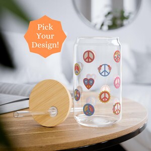 Hippie Boho Glass Tumbler With Bamboo Lid & Straw, Groovy Floral Tumbler, Retro Flower Iced Beverage Soda Cup, Glass Coffee Cup, Unique Gift