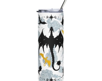 20oz Bookish Dragons Dark Fantasy Wrap Stainless-Steel Tumbler, Lid Straw, Dragon Rider, War Romance Fiction Bibliophile Bookworm Book Read