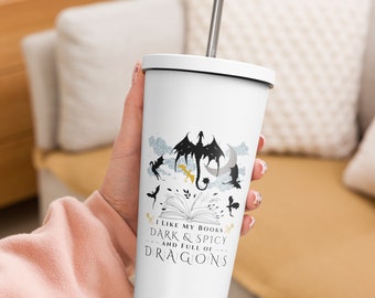 20oz Bookish Dragons Dark Fantasy Insulated Tumbler With Straw, Dragon Rider Gothic Romance Romantasy Fiction Bibliophile Bookworm Reader