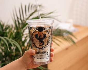 The Dragon Tarot Card Acrylic Tumbler With Lid & Straw: Bookish Dragon Romantasy Reader Gifts