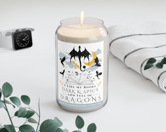 14oz Bookish Dragons Dark Fantasy Scented Soy Wax Can Candle, Dragon Rider Riding War Spicy Smut Romance Reader Literary Candle Friend Gift