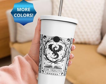 The Dragon Tarot Card Insulated Tumbler With Lid & Straw: Bookish Dragon Romantasy Reader Gifts