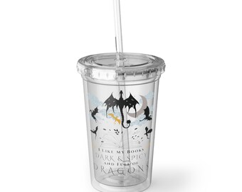 16oz Bookish Dragons Dark Fantasy Acrylic Cup With Lid & Straw, Dragon Rider War College Romance Romantasy Fiction Bibliophile Bookworm Gift