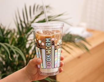 Pastel Bookworm Acrylic Tumbler With Lid & Straw: Bookish Booktrovert Gifts